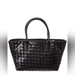 Classic Black Woven Leather Tote with Top Handles